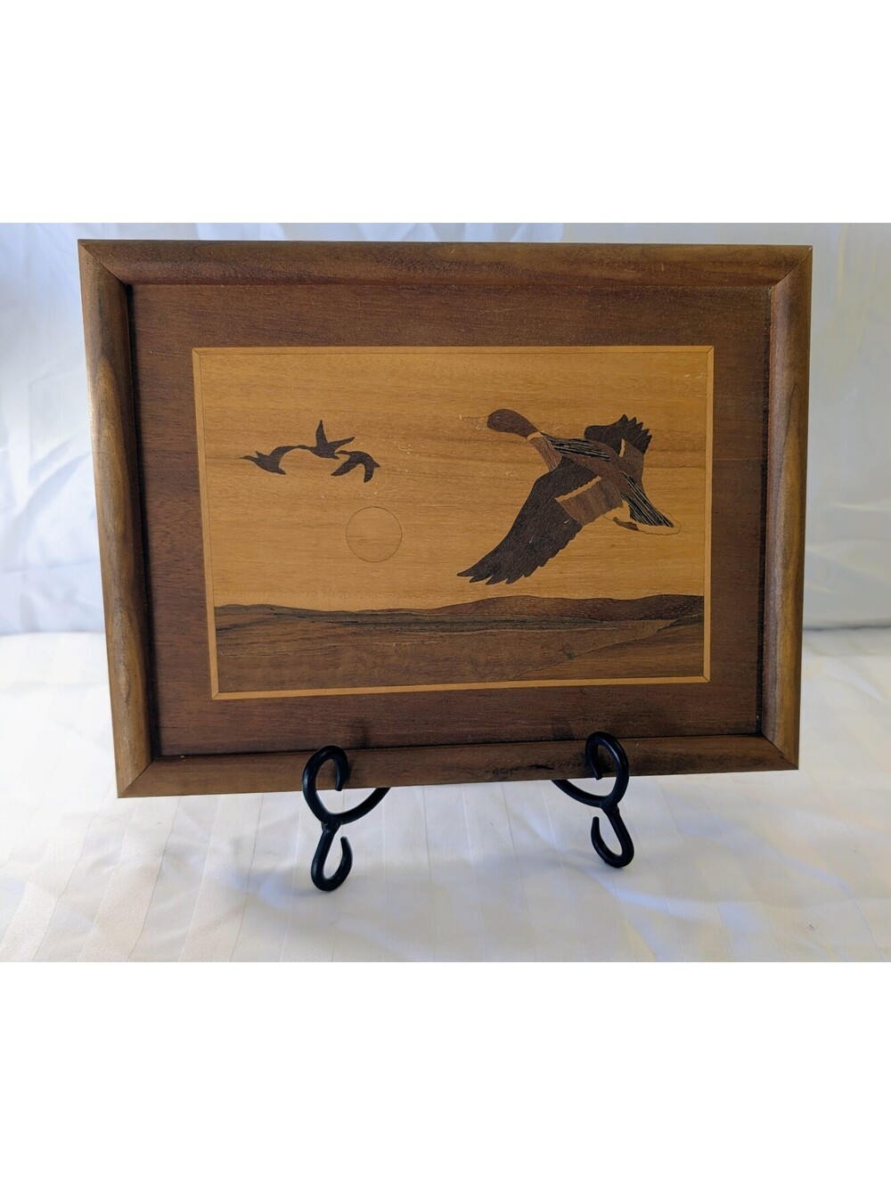 Vintage Hudson River Inlay Jeff Nelson Mallard Duck Marquetry Wood Art Tray 8.5"
